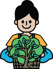 A woman is holding a tree in a basket