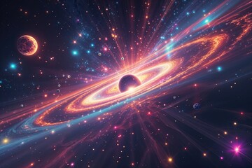 Obraz premium Vibrant Cosmic Art of Radiant Particles and Celestial Bodies