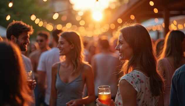 People socialize at outdoor evening party with drinks. Friends, adults gather, enjoy drinks, conversation. Nightlife, leisure, fun, cheerful atmosphere, bokeh lights. Community meeting, social