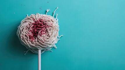 A quirky and artistic image of a mop designed to look like a candy lollipop, featuring a striking red stain that adds a playful twist to traditional cleaning supplies.