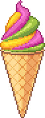 Pixel art illustration of a colorful swirl ice cream cone on a white background. Bright and fun dessert in a waffle cone for summer-themed designs. Vector graphic.