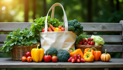 Fresh Harvest, A Colorful Array of Vegetables and Fruits Displayed on a Rustic Wooden Bench in Natural Light