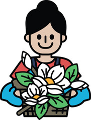 A woman is holding a basket of flowers