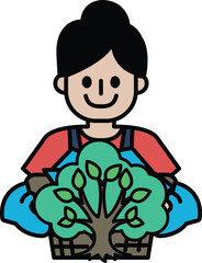 A woman is holding a tree in a basket