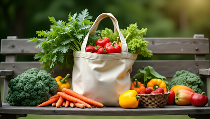 Freshly Picked Bounty, A Colorful Harvest Displayed on a Rustic Wooden Bench in a Serene Garden Setting