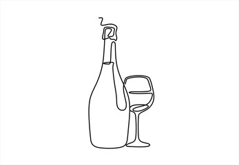 Continuous one line drawing of champagne bottle and glasses. Concept of cheers, toast, holiday in line art style.
