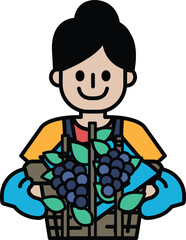 A woman is holding a basket of fruit, including grapes