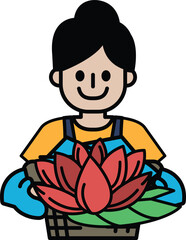 A woman is holding a red flower in a basket