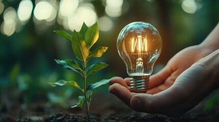 This profound image captures a glowing light bulb held gently in hand above a budding seedling, symbolizing the harmonious relationship between nature and innovation.