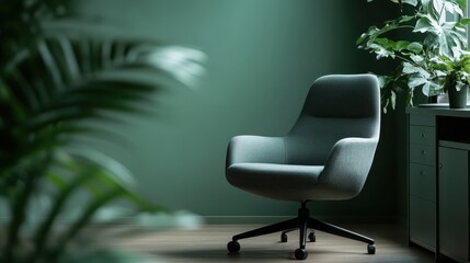 This minimalist styled chair stands in a tranquil room filled with greenery, creating a calm and inviting atmosphere that promotes relaxation and modern design aesthetics.