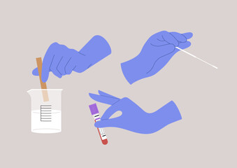 Hands wearing protective gloves engage in multiple laboratory tests, mixing solutions, collecting samples, and ensuring meticulous analysis in a clean, modern lab environment