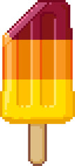Pixel art illustration of a bitten colorful layered popsicle. Fun, summer-themed retro dessert with a bite taken out. Vector format, ideal for food or seasonal branding.