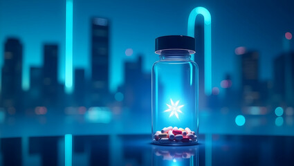 Futuristic Transparent Pill Bottle with Capsules Against an Abstract Cityscape in a Hi-Tech Setting