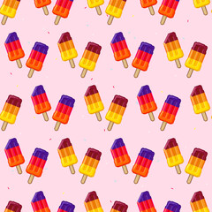 Seamless vector pixel art pattern featuring colorful layered fruit ice lolly on a pink background with sprinkles. Fun and playful summer design with bright retro vibes.