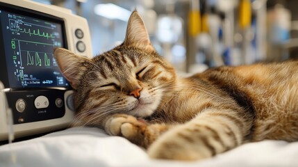 Tabby Cat Sleeping Beside Medical Monitor