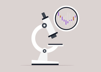 Diving deep into economic trends by analyzing candle graphs displayed through a microscope, illustrating shifting market dynamics and data patterns in a contemporary context