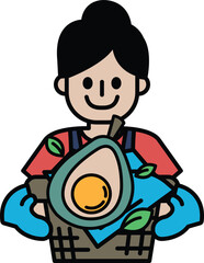 A woman is holding a basket of food, including an avocado
