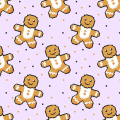 A pattern of gingerbread men is shown on a purple background