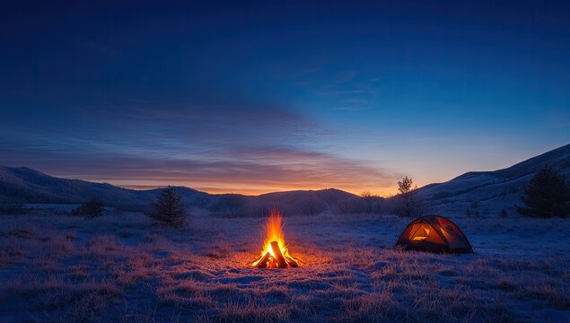 Campfire glows warmly beside tent in frosty mountain meadow at dawn - Powered by Adobe