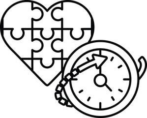 A puzzle piece heart and a clock with the hands on the number 3 and 9