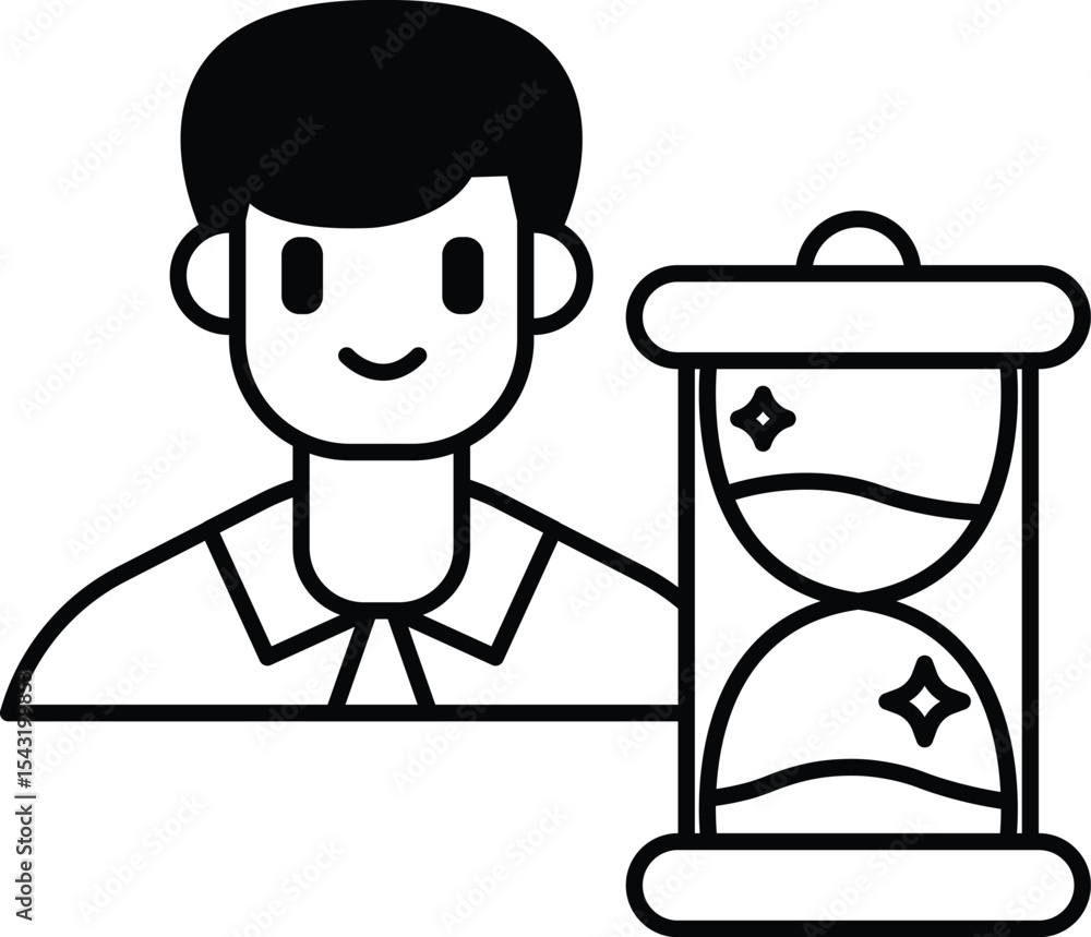 Poster man is smiling and holding a clock that is set to the time of 3:00