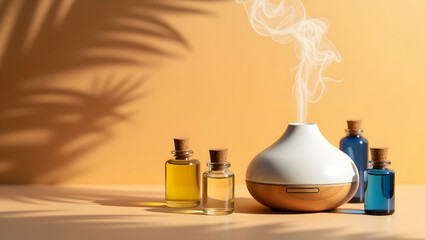 Harmonious Aromatherapy, A Still Life Composition with Essential Oils and a Diffuser Radiating Serenity and Wellness