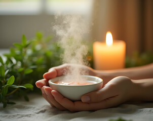 Hands gently cradling a warm, steaming bowl amidst a serene setting with soft candlelight and lush greenery