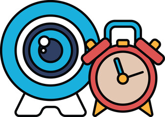A blue and white clock with a red face sits next to a camera lens