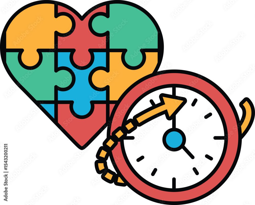Poster a puzzle piece heart and a clock with the hands on the number 3 and 9