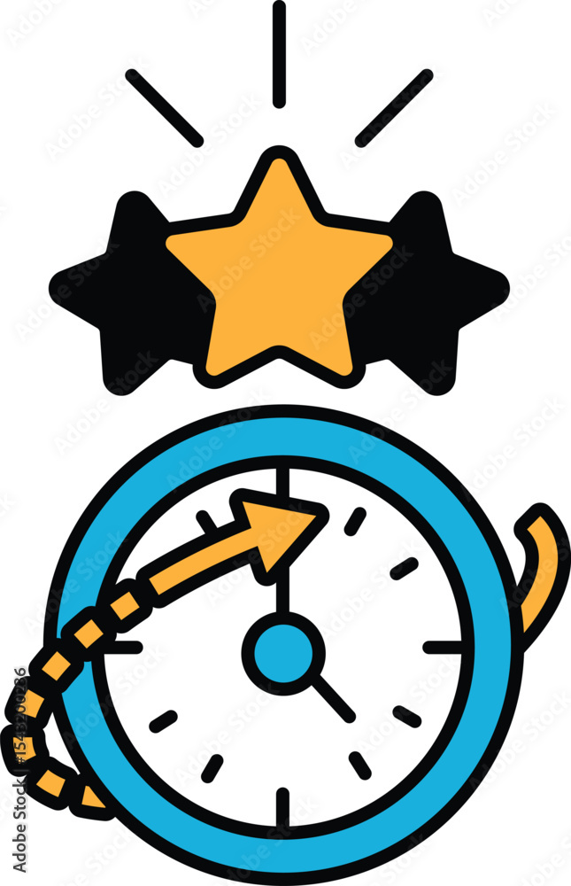 Poster a clock with three stars on it and an arrow pointing to the right