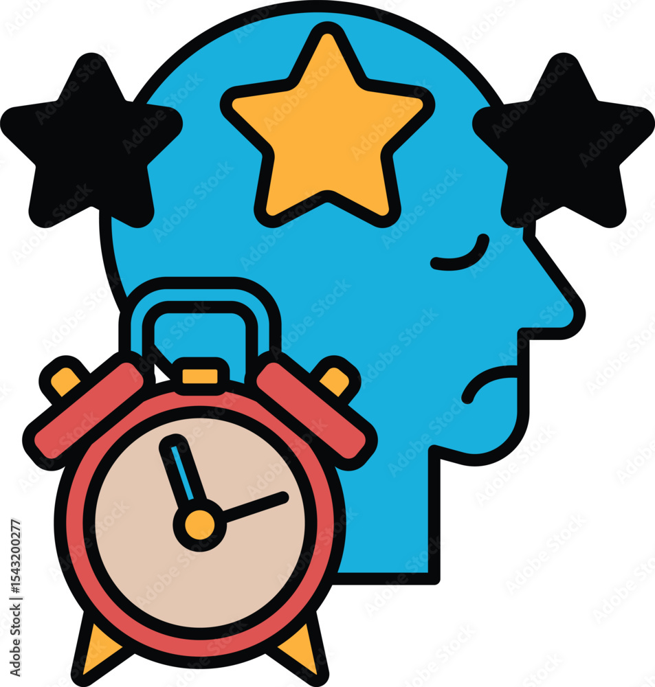 Poster a man with a blue head and red clock with the hands on the numbers 3 and 9