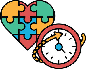 Obraz premium A puzzle piece heart and a clock with the hands on the number 3 and 9