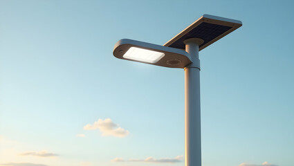 Illuminating the Future, A Sleek Solar Streetlight Radiates Clean Energy Against a Serene Sky, Embracing Sustainable Urban Solutions