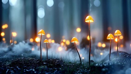 Enchanted forest with glowing mushrooms in misty twilight - Powered by Adobe