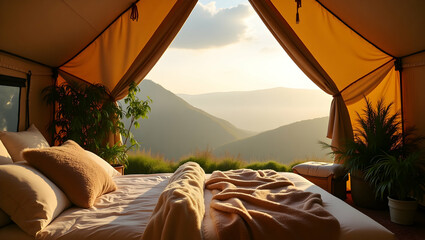 Immersive Glamping Experience, A Luxurious Tent with Bohemian Flair Overlooking Serene Mountain Vistas at Sunset
