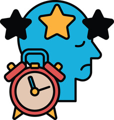 A man with a blue head and red clock with the hands on the numbers 3 and 9