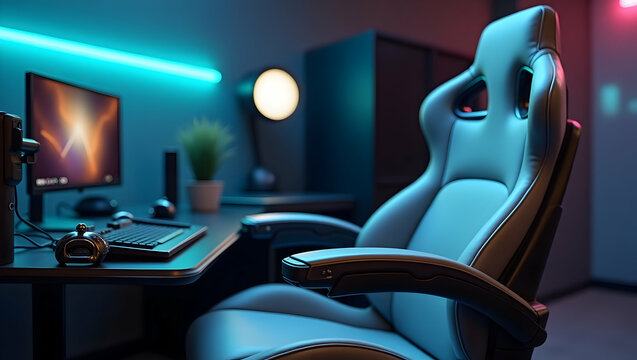 Immersive VR Workplace, Sleek Modern Setup with Ergonomic Hi-Tech Chair for Virtual Reality Development and Gaming Experience