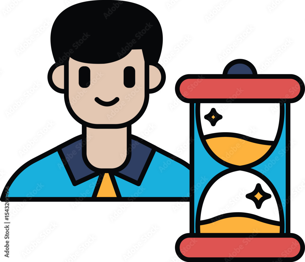 Poster a man is smiling and holding a clock that is set to the time of 3:00