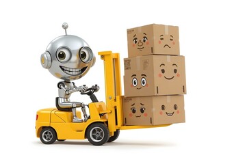 Cartoon robot operates forklift with boxes