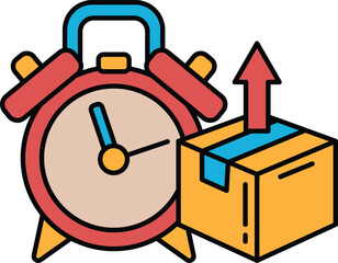 A red alarm clock with a blue face and a blue hand