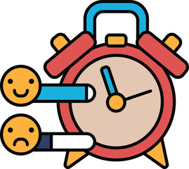 A red alarm clock with two smiling faces on the left