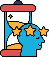 A blue head with a star on it is in front of a clock