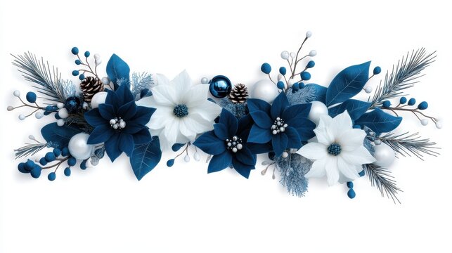 A stunning floral arrangement featuring blue and white flowers, pinecones, and decorative elements perfect for holiday festivities, creating a sophisticated ambiance in any setting.