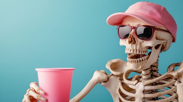 This playful image features a skeleton wearing sunglasses and a pink cap, humorously posing with a pink drink, symbolizing a lighthearted take on life and enjoyment.