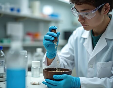 Pharmacist compounding medicine in lab, wearing safety glasses, gloves. Woman scientist measures powder ingredients using mortar pestle. Healthcare, pharmacy, science, research, medicine, medical.