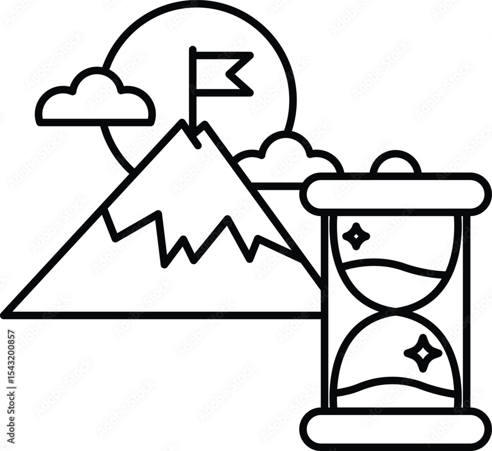 Poster a mountain is shown with a flag on top and a clock with a sand timer