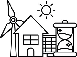 A house, a windmill, and a clock are all drawn together in a single image