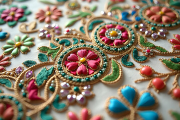 Intricate floral embroidery art with vibrant colors and golden thread, showcasing a blend of traditional craftsmanship and modern aesthetics
