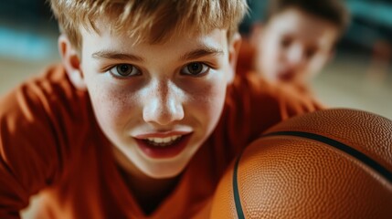 A focused young boy intensely grips a basketball while preparing to make a move, capturing the spirit of youth and determination in a vibrant sports environment.