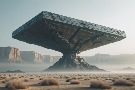 Enigmatic Science Fiction Monolith Emerges from Foggy Desert Scenery